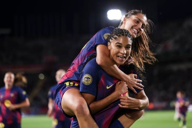 November 15, 2025, Barcelona, Barcelona, Spain: Sydney Joy Schertenleib of FC Barcelona, Barca celebrates a goal with Francisca Ramos Ribeiro Nazareth Sousa during the Spanish Women league, Liga F, football match played between FC Barcelona and Real Madrid CF at Estadi Olimpic Lluis Companys on November 15, 2025 in Barcelona, Spain. Barcelona Spain - ZUMAa181 20251115_zaa_a181_070 Copyright: xJavierxBorregox