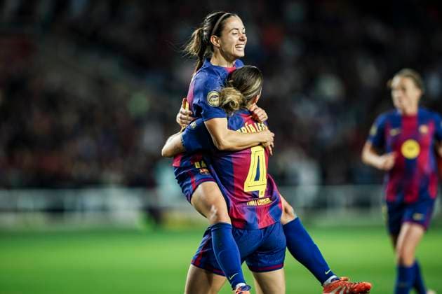 FC Barcelona, Barca v Real Madrid - Liga F Moeve Aitana Bonmati of FC Barcelona celebrates after scoring a goal with Maria Leon of FC Barcelona during the Liga F Moeve match between FC Barcelona Femeni and Real Madrid Femenino at Estadi Olimpic Lluis Companys in Barcelona, Spain, on November 15, 2025. Barcelona Spain  Copyright: xGongorax originalFilename:bonilla-fcbarcel251115_npzw1.jpg