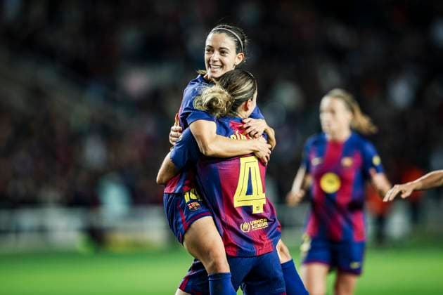 FC Barcelona, Barca v Real Madrid - Liga F Moeve Aitana Bonmati of FC Barcelona celebrates after scoring a goal with Maria Leon of FC Barcelona during the Liga F Moeve match between FC Barcelona Femeni and Real Madrid Femenino at Estadi Olimpic Lluis Companys in Barcelona, Spain, on November 15, 2025. Barcelona Spain  Copyright: xGongorax originalFilename:bonilla-fcbarcel251115_npnZy.jpg
