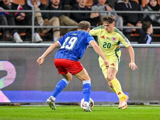 Emanuel Zuend Liechtenstein and Daniel James Wales battle for the ball during the FIFA World Cup 2026 qualifier match between Liechtenstein and Wales at Rheinpark Stadion on November 15, 2025 in Vaduz, Liechtenstein Photo by Harry Langer DeFodi Images