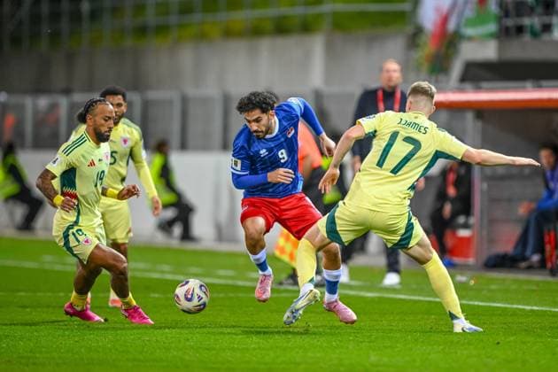 Sorba Thomas Wales , Ferhat Saglam Liechtenstein and Jordan James Wales battle for the ball during the FIFA World Cup 2026 qualifier match between Liechtenstein and Wales at Rheinpark Stadion on November 15, 2025 in Vaduz, Liechtenstein Photo by Harry Langer DeFodi Images