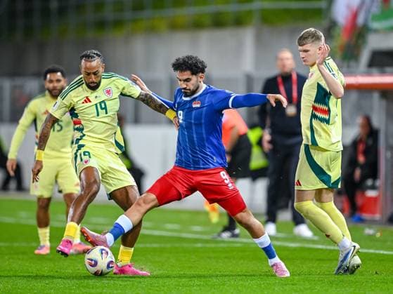 Sorba Thomas Wales , Ferhat Saglam Liechtenstein and Jordan James Wales battle for the ball during the FIFA World Cup 2026 qualifier match between Liechtenstein and Wales at Rheinpark Stadion on November 15, 2025 in Vaduz, Liechtenstein Photo by Harry Langer DeFodi Images