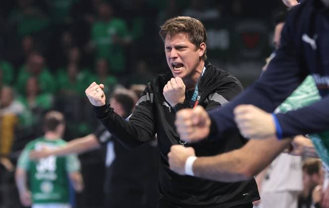 Coach Nicolej Krickau cheers Joy Emotion Cheers Sport Handball HBL Bundesliga Men 12 Matchday Season 2025 2026 15 11 2025 Füchse Berlin vs THW Kiel