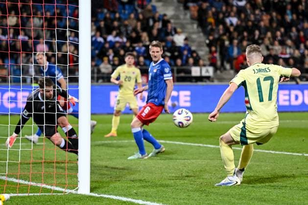 Jordan James Wales scores his team s first goal during the FIFA World Cup 2026 qualifier match between Liechtenstein and Wales at Rheinpark Stadion on November 15, 2025 in Vaduz, Liechtenstein Photo by Harry Langer DeFodi Images