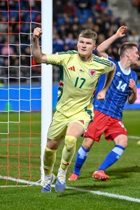 Jordan James Wales celebrates after scoring his team s first goal during the FIFA World Cup 2026 qualifier match between Liechtenstein and Wales at Rheinpark Stadion on November 15, 2025 in Vaduz, Liechtenstein Photo by Harry Langer DeFodi Images