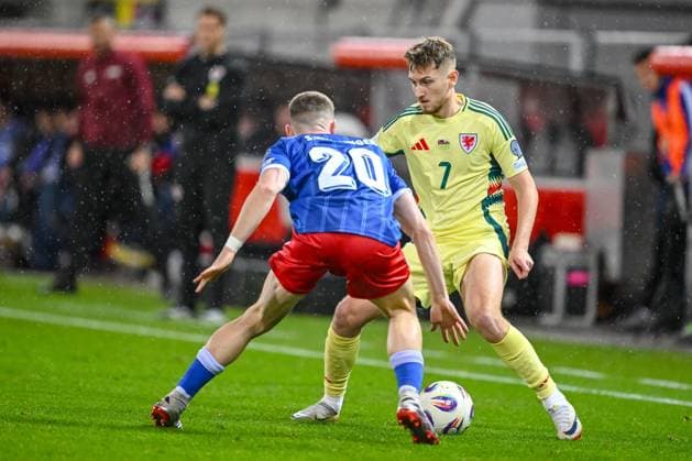 Sandro Wolfinger Liechtenstein and David Brooks Wales battle for the ball during the FIFA World Cup 2026 qualifier match between Liechtenstein and Wales at Rheinpark Stadion on November 15, 2025 in Vaduz, Liechtenstein Photo by Harry Langer DeFodi Images