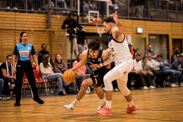 Barmer 2 Basketball Bundesliga Pro A Sparkassen Stars Bochum Bozic Estriche Knights Kirchheim 15 11 2025 Nicholas Gerard Spinoso Bozic Estriche Knights Kirchheim, 13 on the ball, Kilian Dietz Sparkassen Stars Bochum, 8 Barmer 2 Basketball Bundesliga Pro A Sparkassen Stars Bochum Bozic Estriche Knights Kirchheim Bochum, Rundsporthalle, 15 11 2025 Copyright: xBEAUTIFULxSPORTS Wunderlx