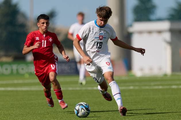 Lukas Dvoracek of Czechia is in action during the 2025 26 UEFA European Under-19 Championship qualifying round group 13 soccer match between Czechia and Malta at the Centenary Stadium, Ta Qali, Malta on 15 November 2025. Czechia v Malta; 2025 26 UEFA European Under-19 Championship qualifying round group phase;