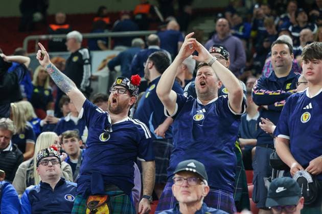 Greece v Scotland 2026 FIFA World Cup, WM, Weltmeisterschaft, Fussball Qualifiers Scotland supporters during the 2026 FIFA World Cup Qualifiers Group C match at Karaiskakis Stadium, Piraeus UK Newspapers OUT Copyright: xYannisxHalasx FIL-22494-0022