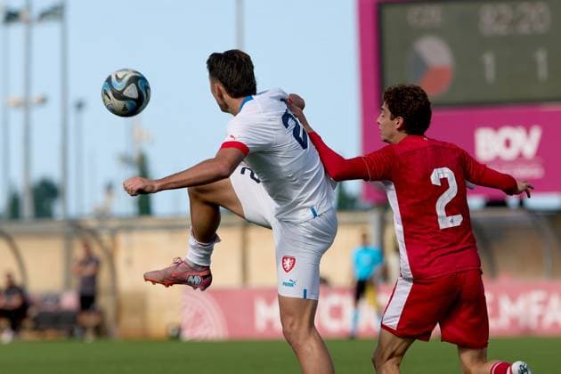 Louis Buffon (left) of Czechia is in action during the 2025 26 UEFA European Under-19 Championship qualifying round group 13 soccer match between Czechia and Malta at the Centenary Stadium, Ta Qali, Malta on 15 November 2025. Czechia v Malta; 2025 26 UEFA European Under-19 Championship qualifying round group phase;