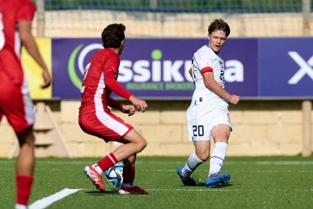 Tomas Hellebrand of Czechia is in action during the 2025 26 UEFA European Under-19 Championship qualifying round group 13 soccer match between Czechia and Malta at the Centenary Stadium, Ta Qali, Malta on 15 November 2025. Czechia v Malta; 2025 26 UEFA European Under-19 Championship qualifying round group phase;