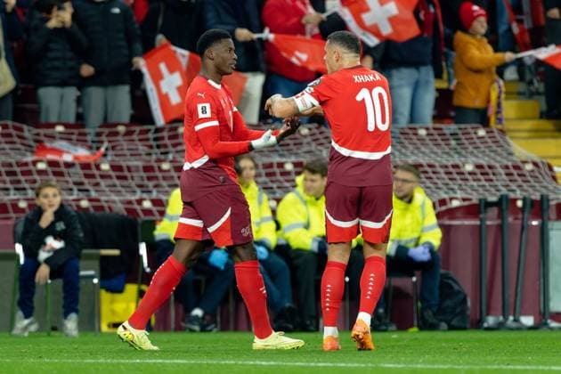 Breel Embolo (7 Switzerland) celebrates after scoring his team s first goal with Granit Xhaka (10 Switzerland) during the FIFA Wolrd Cup 2026 Qualifier match between Switzerland and Sweden at Stade de Geneve in Geneva, Switzerland Copyright: xGiuseppexVelletrix xSPPx Sportspressphoto_SPR62131