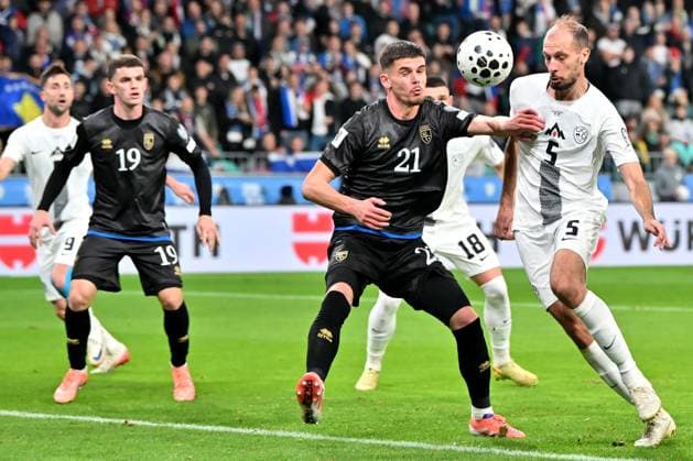 Ljubljana, Slovenia, November 15th 2025, Meriton Korenica of Kosovo (2R) in action against Jon Gorenc Stankovic of Slovenia (R) during the UEFA European Qualifiers for 2026 World Cup, Group B match between Slovenia and Kosovo at Stadium Stozice, Ljubljana, Slovenia. (Photo by Igor Kupljenik Sports Press Photo) Copyright: xIgorxKupljenikx xSPPx Sportspressphoto_SPR62155