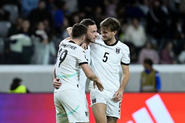 November 15, 2025, Limassol, Limassol, Cyprus: MARCO ARNAUTOVIC (7) ,CHRISTIAN BAUMGARTNER(19) and GERNOT TRAUNER(5) of Austria react during the UEFA Europeans Qualifiers World Cup 2026 Group H match between Cyprus and Austria at Alphamega Stadium in Kolossi,Limassol on 15 November 2025 Limassol Cyprus - ZUMAk195 20251115_znp_k195_021 Copyright: xXenophonxKarakalosx