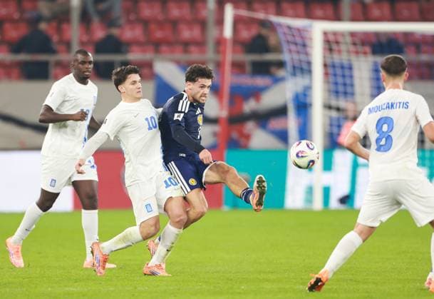 Anthony Ralston of Scotland and Christos Tzolis of Greece Greece v Scotland, FIFA 2026 World Cup Qualifying, Group C, Football, Georgios Karaiskakis Stadium, Athens, Greece - 15 Nov 2025Athens Georgios Karaiskakis Stadium Greece EDITORIAL USE ONLY No use with unauthorised audio, video, data, fixture lists, club league logos or live services. Online in-match use limited to 120 images, no video emulation. No use in betting, games or single club league player publications. Copyright: xNikolaxKrstic Shutterstockx 15786160cr