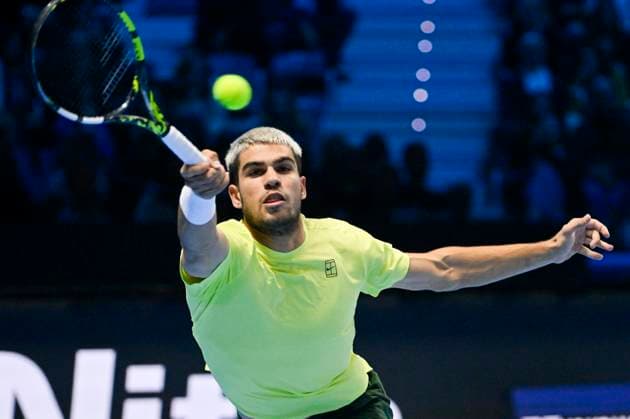 15th November 2025; Palasport Olimpico Arena, Turin, Italy; Nitto ATP, Tennis Herren Finals Tennis 2025; Carlos Alcaraz of Spain plays a backhand against Felix Auger-Aliassime of Canada  BestxImages