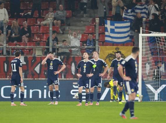 John Souttar of Scotland and his team mates look dejected after Konstantinos Karetsas of Greece scores the second goal 2-0 Greece v Scotland, FIFA 2026 World Cup Qualifying, Group C, Football, Georgios Karaiskakis Stadium, Athens, Greece - 15 Nov 2025Athens Georgios Karaiskakis Stadium Greece EDITORIAL USE ONLY No use with unauthorised audio, video, data, fixture lists, club league logos or live services. Online in-match use limited to 120 images, no video emulation. No use in betting, games or single club league player publications. Copyright: xNikolaxKrstic Shutterstockx 15786160dg