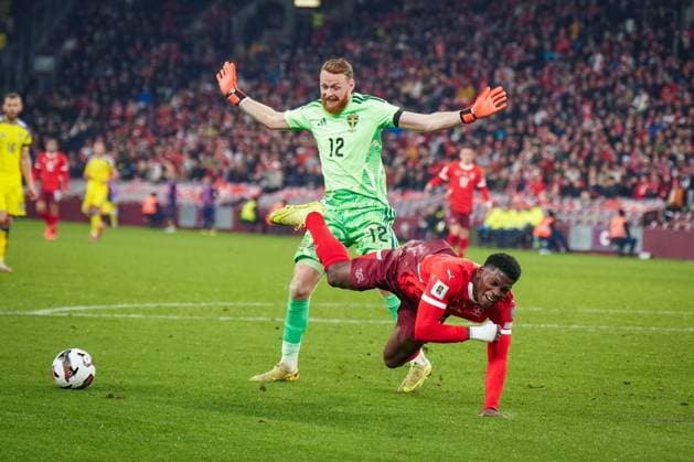 Football World Cup Qualification Europe 2025 26, 9 Matchday Switzerland vs Sweden Stade de Geneve Geneva Controversial scene that led to penalty kick, foul penalty, penalty Breel Embolo Switzerland, 7 and Viktor Johansson Sweden, 12 Grand Lancy Canton Geneva Switzerland Copyright: xJOERANxSTEINSIEKx