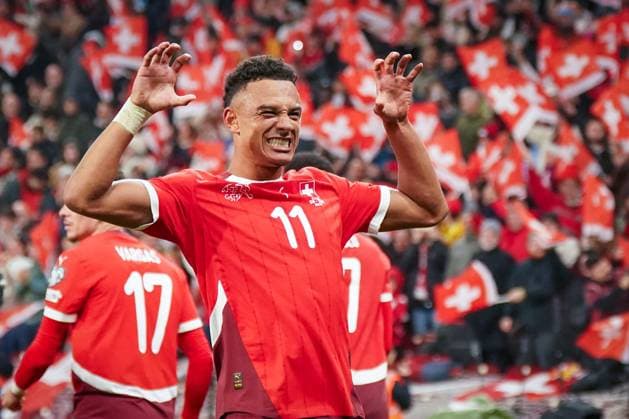 Soccer World Cup Qualification Europe 2025 26, 9 Matchday Switzerland vs Sweden Stade de Geneve Geneva Goal and goal celebration to 3 1 by Dan Ndoye Switzerland, 11 Joy, emotions, jubilation Copyright: xJOERANxSTEINSIEKx