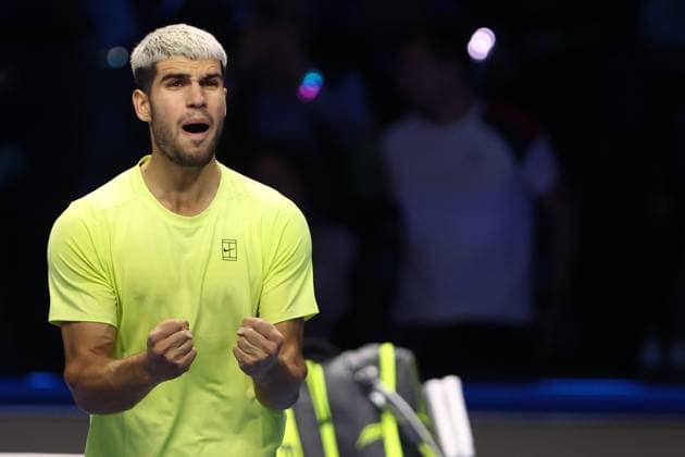Carlos Alcaraz (Spain) celebrate after winning, Day 7, Nitto ATP, Tennis Herren Finals 2025, INALPI Arena, November 15, 2025, Turin, Italy.