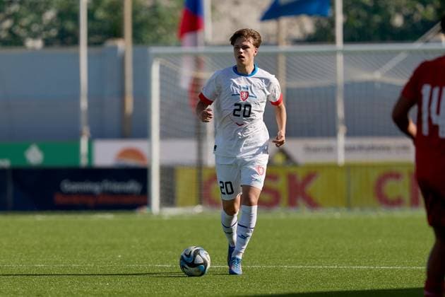 Tomas Hellebrand of Czechia is in action during the 2025 26 UEFA European Under-19 Championship qualifying round group 13 soccer match between Czechia and Malta at the Centenary Stadium, Ta Qali, Malta on 15 November 2025. Czechia v Malta; 2025 26 UEFA European Under-19 Championship qualifying round group phase;