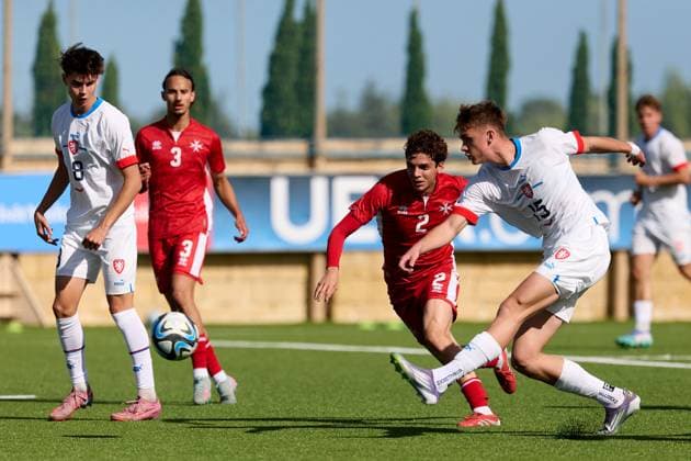 Jakub Rehak of Czechia is in action during the 2025 26 UEFA European Under-19 Championship qualifying round group 13 soccer match between Czechia and Malta at the Centenary Stadium, Ta Qali, Malta on 15 November 2025. Czechia v Malta; 2025 26 UEFA European Under-19 Championship qualifying round group phase;