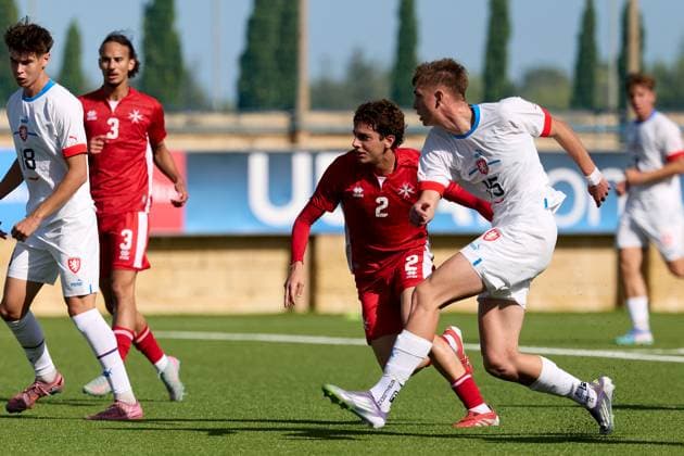 Jakub Rehak of Czechia is in action during the 2025 26 UEFA European Under-19 Championship qualifying round group 13 soccer match between Czechia and Malta at the Centenary Stadium, Ta Qali, Malta on 15 November 2025. Czechia v Malta; 2025 26 UEFA European Under-19 Championship qualifying round group phase;