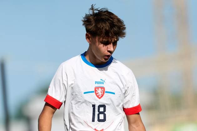 Lukas Dvoracek of Czechia is in action during the 2025 26 UEFA European Under-19 Championship qualifying round group 13 soccer match between Czechia and Malta at the Centenary Stadium, Ta Qali, Malta on 15 November 2025. Czechia v Malta; 2025 26 UEFA European Under-19 Championship qualifying round group phase;