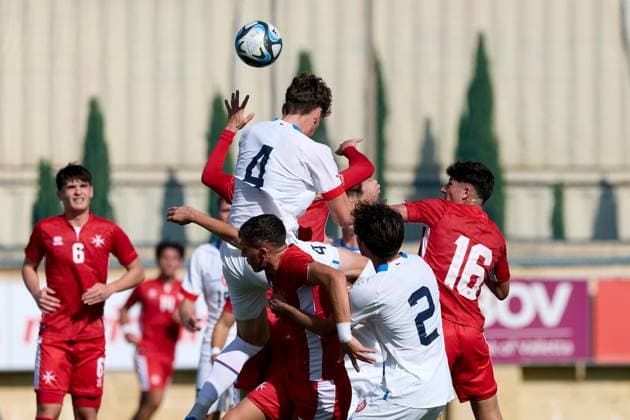 Jiri Micek (top) of Czechia heads the ball to score the 1-0 goal during the 2025 26 UEFA European Under-19 Championship qualifying round group 13 soccer match between Czechia and Malta at the Centenary Stadium, Ta Qali, Malta on 15 November 2025. Czechia v Malta; 2025 26 UEFA European Under-19 Championship qualifying round group phase;