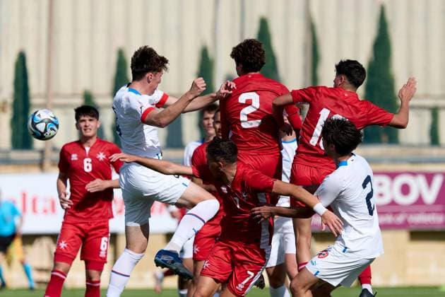 Jiri Micek (top, left) of Czechia heads the ball to score the 1-0 goal during the 2025 26 UEFA European Under-19 Championship qualifying round group 13 soccer match between Czechia and Malta at the Centenary Stadium, Ta Qali, Malta on 15 November 2025. Czechia v Malta; 2025 26 UEFA European Under-19 Championship qualifying round group phase;
