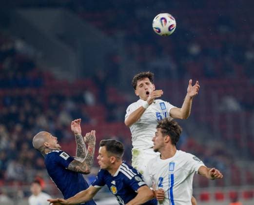 Greece v Scotland 2026 FIFA World Cup, WM, Weltmeisterschaft, Fussball Qualifiers Panagiotis Retsos of Greece and Lyndon Dykes of Scotland during the 2026 FIFA World Cup Qualifiers Group C match at Karaiskakis Stadium, Piraeus UK Newspapers OUT Copyright: xYannisxHalasx FIL-22494-0072