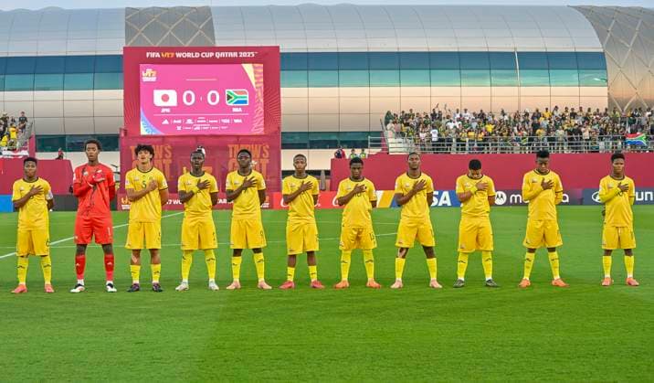 Japan v South Africa: Round of 32- FIFA U-17 World Cup Qatar 2025 Starting players of South Africa line up prior to the FIFA U-17 World Cup Qatar 2025 Round of 32 match between Japan and South Africa in Doha, Qatar, on November 15, 2025. DOHA Qatar Copyright: xNOUSHADxTHEKKAYILx