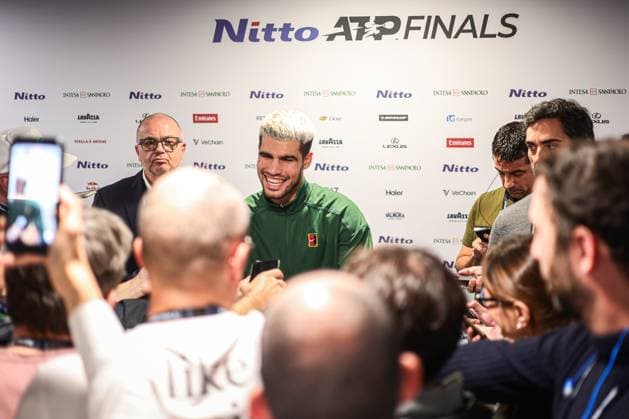 Nitto ATP, Tennis Herren Finals 2025 - Day 7 Carlos Alcaraz of Spain holds a press conference, PK, Pressekonferenz after playing in the Men s Singles Round match against Felix Auger-Aliassime of Canada during day seven of the Nitto ATP Finals 2025 at Inalpi Arena in Turin, Italy, on November 15, 2025. Turin Turin Italy  Copyright: xMiguelxReisx originalFilename:reis-notitle251115_npvfc.jpg