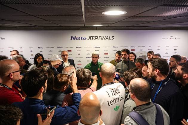 Nitto ATP, Tennis Herren Finals 2025 - Day 7 Carlos Alcaraz of Spain holds a press conference, PK, Pressekonferenz after playing in the Men s Singles Round match against Felix Auger-Aliassime of Canada during day seven of the Nitto ATP Finals 2025 at Inalpi Arena in Turin, Italy, on November 15, 2025. Turin Turin Italy  Copyright: xMiguelxReisx originalFilename:reis-notitle251115_npyrz.jpg