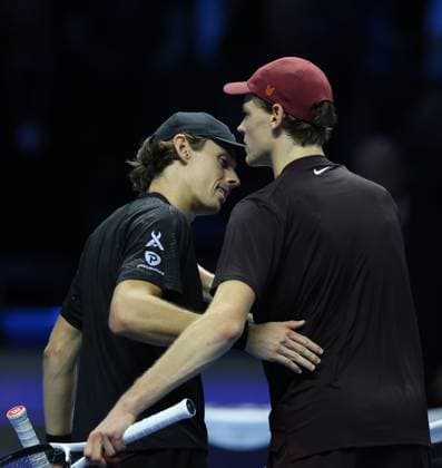 (251116) -- TURIN, Nov. 16, 2025 -- Jannik Sinner (R) reacts with Alex De Minaur after the men s singles semifinal match between Jannik Sinner of Italy and Alex De Minaur of Australia at the ATP, Tennis Herren Finals tennis tournament in Turin, Italy, on Nov. 15, 2025. ) (SP) ITALY-TURIN-ATP FINALS-MEN S SINGLES-SEMIFINAL LixJing 
