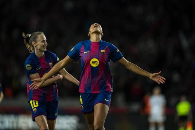 (251116) -- BARCELONA, Nov. 16, 2025 -- Sydney Schertenleib of FC Barcelona, Barca celebrates her goal during Liga F match between FC Barcelona and Real Madrid CF in Barcelona, Spain, on Nov. 15, 2025. (Photo by Xinhua) (SP)SPAIN-BARCELONA-FOOTBALL-LIGA F-FC BARCELONA VS REAL MADRID CF JoanxGosa 
