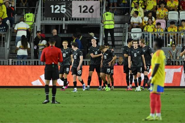 New Zealand players celebrate a goal in a friendly match between the Colombian and New Zealand national teams at Chase Stadium in Fort Lauderdale, Florida, United States, 15 November 2025. International Friendly, Länderspiel, Nationalmannschaft Colombia - New Zealand !ACHTUNG: NUR REDAKTIONELLE NUTZUNG!  Copyright: xGiorgioxVierax AME9511 20251116-55018550835_1