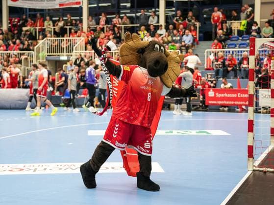 Elmar TuSEM Essen, Mascot TuSEM Essen vs 1 VfL Potsdam, Handball, 2 Bundesliga, 11 Matchday, Season 2025 2026, 15 11 2025 TuSEM Essen vs 1 VfL Potsdam, Handball, 2 Bundesliga, 11 Matchday, Season 2025 2026, 15 11 2025 Essen Copyright: xEibner-Pressefoto DamianxKruczynx EP_DKI