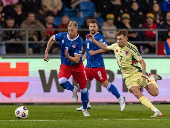 15 11 2025, Rheinpark Stadion, Vaduz, LIE, FIFA World Cup 2026 qualifier, Liechtenstein vs Wales, Group J, pictured Max Göppel Liechtenstein and David Brooks Wales Max Göppel Liechtenstein and David Brooks Wales during the FIFA World Cup 2026 qualifier group J match between Liechtenstein and Wales at the Rheinpark Stadion in Vaduz, Liechtenstein on 2025 11 15 Expa Vaduz  EP_rin