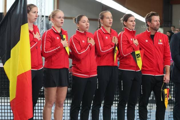 Belgian team pictured the first game between Belgian Vandromme and German Friedsam in the Billie Jean King Cup Play-offs, between Belgium and Germany, on Sunday 16 November 2025 in Ismaning, Germany. PHOTO BENOITxDOPPAGNE  x141957005x