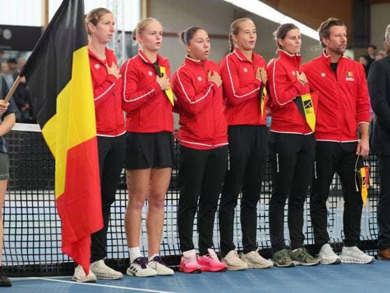 Belgian team pictured the first game between Belgian Vandromme and German Friedsam in the Billie Jean King Cup Play-offs, between Belgium and Germany, on Sunday 16 November 2025 in Ismaning, Germany. PHOTO BENOITxDOPPAGNE  x141957049x