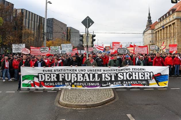 Fandemo on 16 11 2025 in Leipzig Football is safe Your statistics and our warning show Football is safe Put an end to populism Yes to fan culture Demo MH