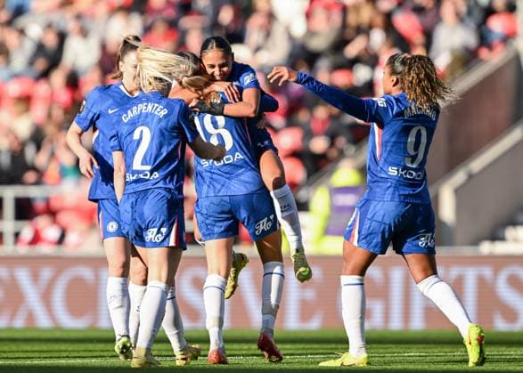 St Helens, England, 16th November 2025. Alyssa Thompson of Chelsea celebrates scoring her sides first goal during the Liverpool FC Women vs Chelsea Women Barclays Women s Super League match at the Totally Wicked Stadium, St Helens. Picture credit should read: Cody Froggatt Sportimage EDITORIAL USE ONLY. No use with unauthorised audio, video, data, fixture lists, club league logos or live services. Online in-match use limited to 120 images, no video emulation. No use in betting, games or single club league player publications. SPI_014_CF_LIVERPOOL_FC_WOMEN_V_CHELSEA_WOMEN SPI-4287-0015