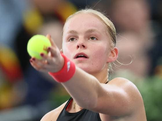 Belgian Jeline Vandromme pictured during the first game between Belgian Vandromme and German Friedsam in the Billie Jean King Cup Play-offs, between Belgium and Germany, on Sunday 16 November 2025 in Ismaning, Germany. PHOTO BENOITxDOPPAGNE  x141961872x