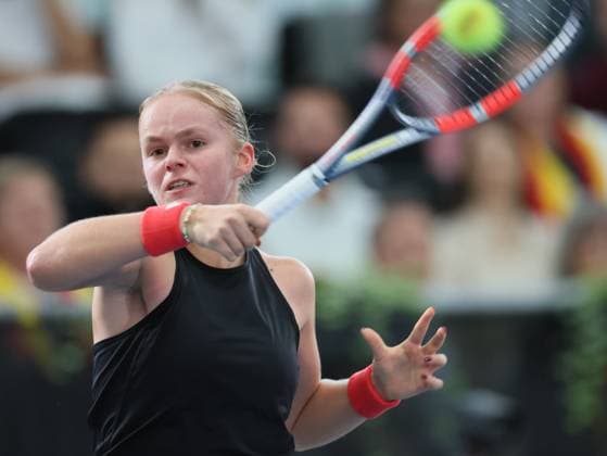 Belgian Jeline Vandromme pictured during the first game between Belgian Vandromme and German Friedsam in the Billie Jean King Cup Play-offs, between Belgium and Germany, on Sunday 16 November 2025 in Ismaning, Germany. PHOTO BENOITxDOPPAGNE  x141961884x