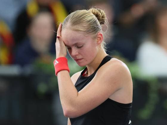 Belgian Jeline Vandromme pictured during the first game between Belgian Vandromme and German Friedsam in the Billie Jean King Cup Play-offs, between Belgium and Germany, on Sunday 16 November 2025 in Ismaning, Germany. PHOTO BENOITxDOPPAGNE  x141961915x