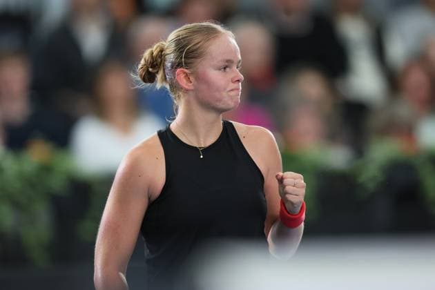 Belgian Jeline Vandromme reacts during the first game between Belgian Vandromme and German Friedsam in the Billie Jean King Cup Play-offs, between Belgium and Germany, on Sunday 16 November 2025 in Ismaning, Germany. PHOTO BENOITxDOPPAGNE  x141962085x