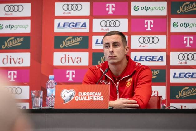 press conference, PK, Pressekonferenz of Montenegro National Football Team Player Adam Marusic speaks during the press conference on November 16, 2025 in Podgorica, Montenegro, ahead of the FIFA World Cup, WM, Weltmeisterschaft, Fussball 2026 qualifier match against Croatia. The football match between Montenegro and Croatia is on November 17.  StefanxIvanovic PIXSELL