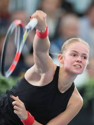 Belgian Jeline Vandromme pictured in action during the first game between Belgian Vandromme and German Friedsam in the Billie Jean King Cup Play-offs, between Belgium and Germany, on Sunday 16 November 2025 in Ismaning, Germany. PHOTO BENOITxDOPPAGNE  x141963357x