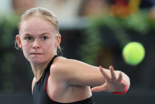 Belgian Jeline Vandromme pictured in action during the first game between Belgian Vandromme and German Friedsam in the Billie Jean King Cup Play-offs, between Belgium and Germany, on Sunday 16 November 2025 in Ismaning, Germany. PHOTO BENOITxDOPPAGNE  x141965169x